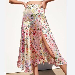 Zara Floral Satin Effect Asymmetric Midi Skirt Size XS